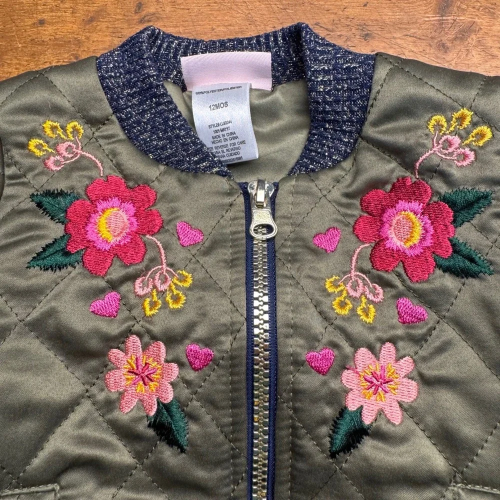Little‎ Lass Quilted Bomber Jacket Floral Embroidery Kids 12 Months Green Zip Up